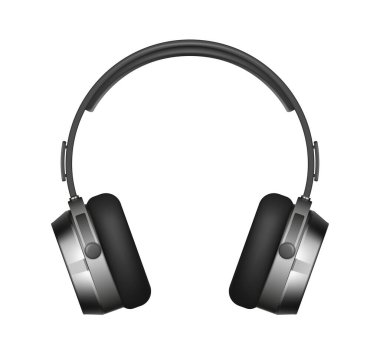 Kulaklıklar kablosuz elektronik cihaz. Dans müziği dinlemek için gerçekçi bir kulaklık. Radyo şablonu için Bluetooth aksesuar cihazı. 3d vektör illüstrasyonu