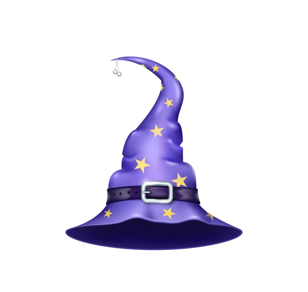 Realistic Witch Hat Halloween Holiday Element Purple Wizard Cap Stars — Stockvector