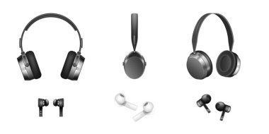Set of realistic wireless earphones and headphones mobile electronic gadget. Modern bluetooth headset audio tool for listening music. Accessory device template. 3d vector illustration