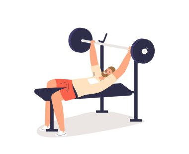 Halter jimnastiği yapan adam. Genç adam antrenman yapıyor. Jimnastik yapan güçlü erkek sporcu sporcu. Spor ve sağlık konsepti. Çizgi film düz vektör çizimi