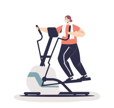 Kadın eliptik makinede kardiyo egzersizleri yapıyor. Beden eğitiminde genç bir bayan. Zayıflamak ve sağlık için kız fitness eğitimi. Sağlık ve sağlık. Çizgi film düz vektör çizimi