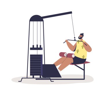 Spor salonunda ağırlık aletleriyle antrenman yapan bir adam. Erkek sporcu güç egzersizi yapıyor. Erkek sporcu. Spor, spor ve sağlık konsepti. Çizgi film düz vektör çizimi