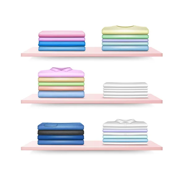 Stacked Clothes Shelves Folded Clean Clothing Items Pile Laundry Ironing — Stock Vector