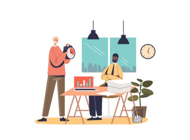 Kızgın patron sinirli bir işçinin önünde saati gösterirken son teslim tarihini kaçırıyor. Fazla mesai yapan menajer ekstra mesai ile strese girdi. Çizgi film düz vektör çizimi