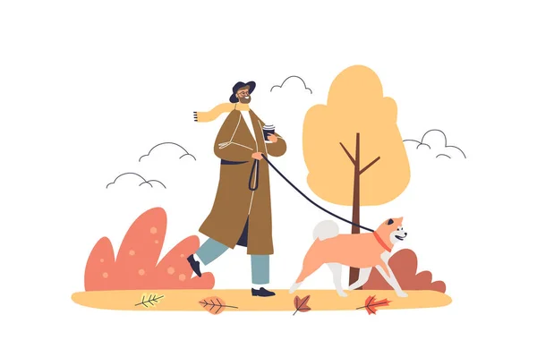 Чоловік Гуляє Собакою Осінньому Парку Молодий Хіпстер Модному Траншеї Каву — стоковий вектор