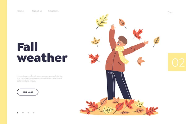 Fall Weather Concept Landing Page Boy Playing Yellow Autumn Leaves — Stok Vektör