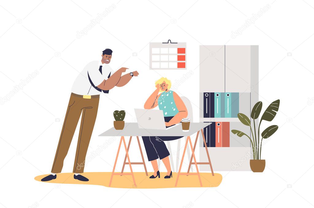 Angry businessman boss shouting at frustrated female worker pointing at watch. Stressed woman manager missing deadline at work. Time management and pressure concept. Cartoon flat vector illustration