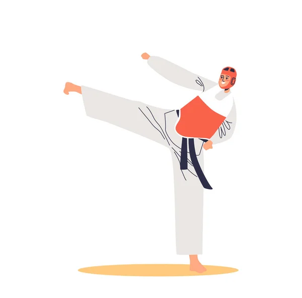 Combattant Taekwondo Masculin Costume Casque Pour Compétition Lutteur Asiatique Traditionnel — Image vectorielle