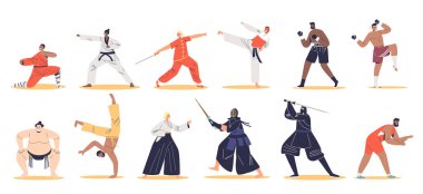 Set of asian martial art fighters. Karate, akido, taekwondo, kung fu, sambo, sumo, boxing, kickboxing, wushu and muay tai wrestlers performing. Cartoon flat vector illustration