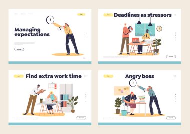 Missing deadline and stress from angry boss concept of landing pages set with furious leaders shouting on employees overloaded with extra work before deadline. Cartoon flat vector illustration
