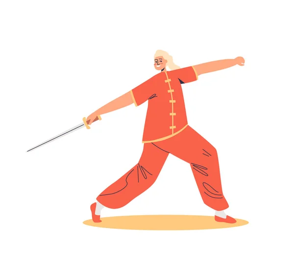 Woman Kung Fighter Costume Competition Chinese Warrior Ready Fight Martial — Vector de stock