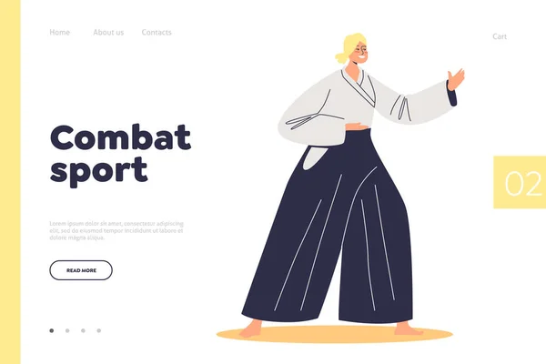 Combat Sport Concept Landing Page Woman Aikido Fighter Costume Competition — Stock Vector