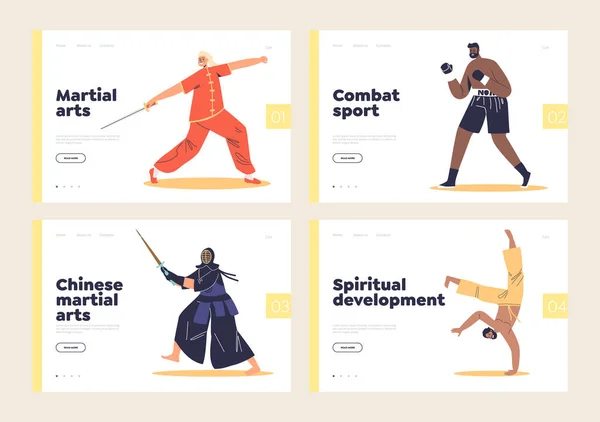 Eastern Martial Arts Concept Landing Pages Set Fighters Wearing Costumes — ストックベクタ