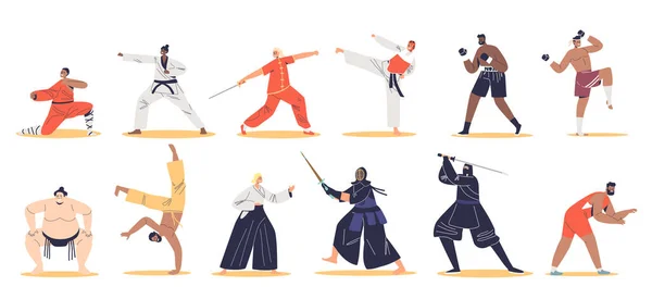 Набор Азиатских Бойцов Боевых Искусств Выступают Каратэ Акидо Тхэквондо Кунг — стоковый вектор