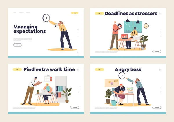 Missing Deadline Stress Angry Boss Concept Landing Pages Set Furious — Vettoriale Stock