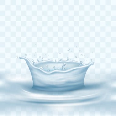 Water crown splash and wave swirl with drops. Transparent blue liquid splashing fluids with droplets, realistic 3d elements, fresh drink, clear aqua falling with air bubbles. Vector illustration