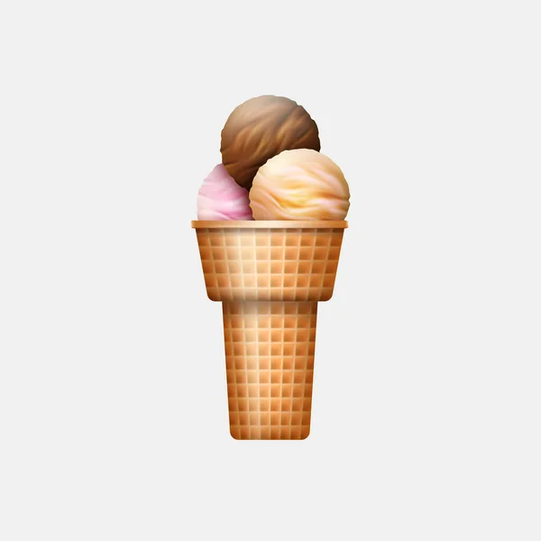 Ice Cream Scoops Waffle Cone Realistic Summer Dessert Caramel Chocolate — Image vectorielle