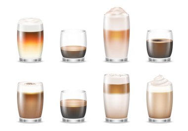 Set of black and coffee with milk in transparent glasses. Realistic coffee beverages espresso, cappuccino, latte, americano, doppio, mocha, macchiato. Morning drinks collection. 3d vector illustration