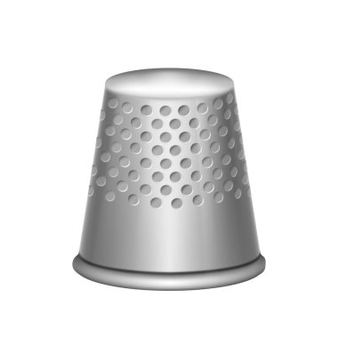Steel thimble for needlework and sewing realistic item isolated on white background. Tool for needle work, dressmaking and tailoring. Realistic 3d vector illustration