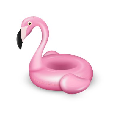 3d pink flamingo inflatable swimming ring. Realistic tropical bird shape swimming pool life buoy, float. Summer vacation holiday rubber object, traveling, beach ocean vacation. Vector illustration