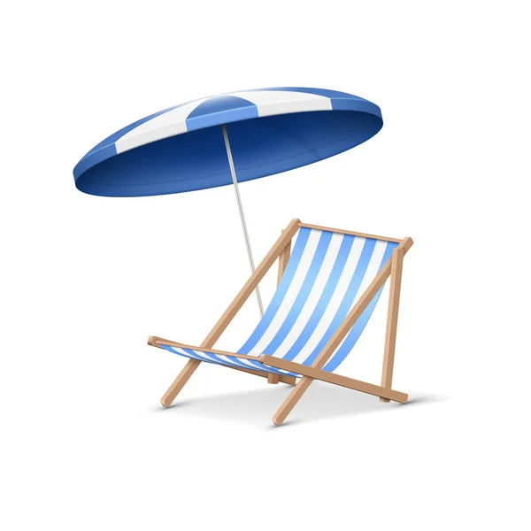 3d realistic beach sunbed with umbrella, wooden deck chair. Summertime relax armchair isolated on white background illustration. Outdoor recreation. Vector illustration