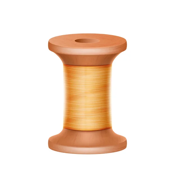 Realistic Wooden Bobbin Spools Yellow Thread Isolated White Background Equipment — Vetor de Stock