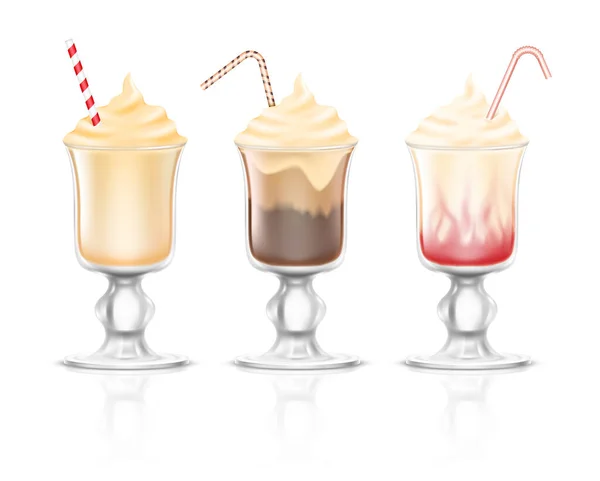 Realistic Delicious Milkshakes Glasses Straws Sweet Cold Tasty Beverages Cocktails — Vettoriale Stock