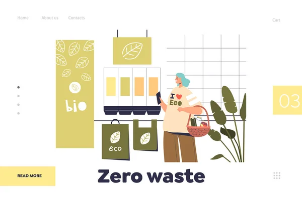 Zero Waste Concept Landing Page Woman Eco Organic Grocery Store — Stockvektor