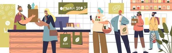 Eco Friendly Organic Store Interior Buyers Buying Grocery Modern Shop — Stok Vektör