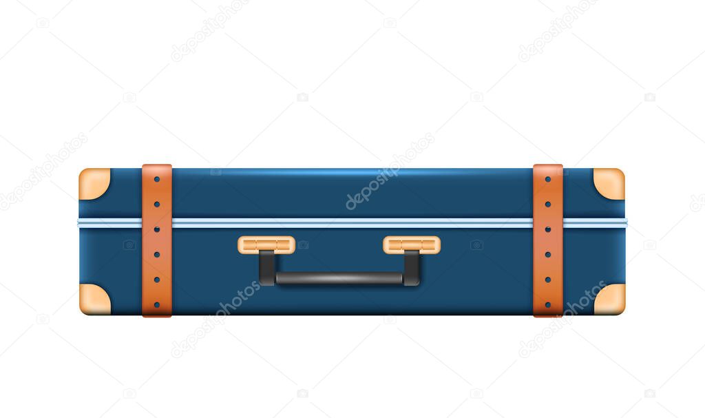 Realistic suitcase retro leather blue case with belts and handle isolated on white background. Vintage bag for luggage on vacation and travel. Vector illustration