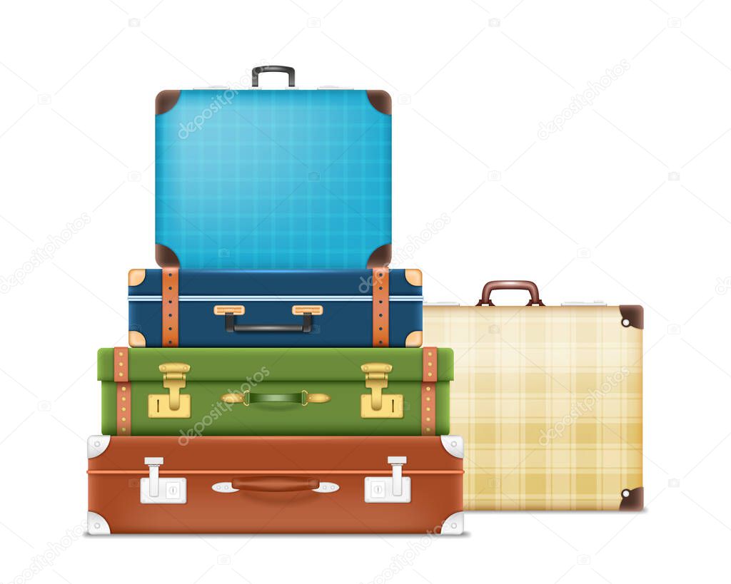 3d realistic travel luggage, retro suitcases old style leather isolated on white background. Vintage briefcase for tourism and vacation concept. Vector illustration