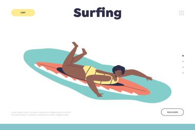 Surfing concept of landing page with woman on surfboard. Young female lying on surf board riding wave. Happy girl enjoy extreme activity on summer resort at sea. Cartoon flat vector illustration