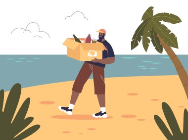 Male volunteer hold box with waste and litter picking up at beach. Young man cleaning sea line from garbage and rubbish. Environment cleanup concept. Cartoon flat vector illustration