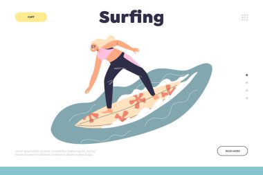 Surfing concept of landing page with young woman riding surfboard. Female surfer enjoy active summer sport on sea travel or vacation. Summertime and recreation. Cartoon flat vector illustration