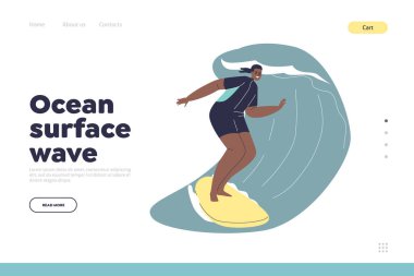 Ocean surface wave concept of landing page with african american woman surfing. Girl riding surfboards on wave. Happy young female enjoy activity at sea resort. Cartoon flat vector illustration