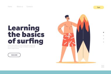 Learning surfing basics concept of landing page with young man hold surfboard. Male surfer enjoy summer activity during sea vacation. Surf on holidays. Cartoon flat vector illustration