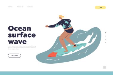 Ocean surface wave concept of landing page with summer vacation with happy girl surfing on surfboard. Activity for summer vacation at sea resort. Woman enjoy holiday. Cartoon flat vector illustration