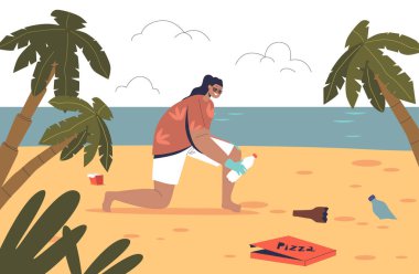 Girl volunteer work on beach cleaning sand from litter, rubbish and garbage. Young woman help with sea coast cleanup picking waste. Environment safety concept. Cartoon flat vector illustration