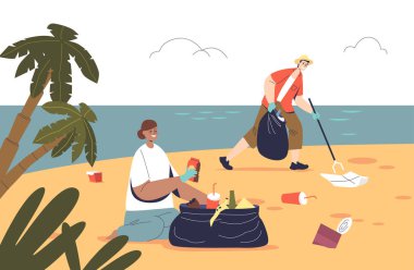 Team of volunteers in rubber gloves picking up litter at beach. Young activists people cleaning sea coastline from rubbish and waste. Ecology safety concept. Cartoon flat vector illustration