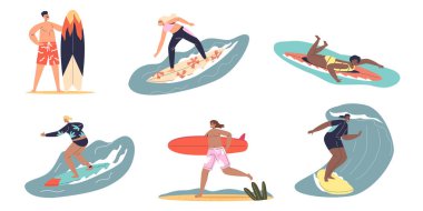 Men and women surfing. Set of cartoon characters riding surfboards on wave. Happy young people enjoy activity for active summer vacation at sea resort. Flat vector illustration