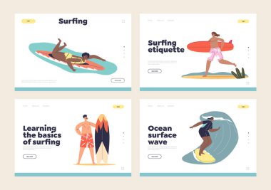 People surfing concept of landing pages set. Cartoon characters riding surfboards on wave. Happy young people enjoy activity for active summer vacation at sea resort. Flat vector illustration