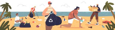 People cleaning beach. Group of volunteers cleanup sand at seaside together from waste and litter, pickup rubbish. Environment protection and ecology concept. Cartoon flat vector illustration