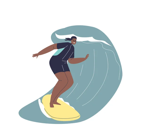 African American Woman Surfing Girl Riding Surfboards Wave Happy Young — 스톡 벡터