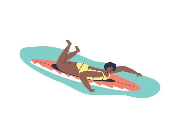 Woman Surfing Surfboard Young Female Lying Surf Board Riding Wave — 스톡 벡터