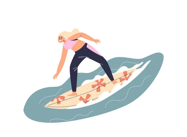 Young woman riding surfboard. Female surfer enjoy active summer sport on sea travel or vacation. Girl surfing on surf board. Summertime and recreation concept. Cartoon flat vector illustration