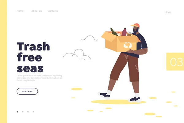 Trash Fee Sea Concept Landing Page Male Volunteer Hold Box — Vettoriale Stock