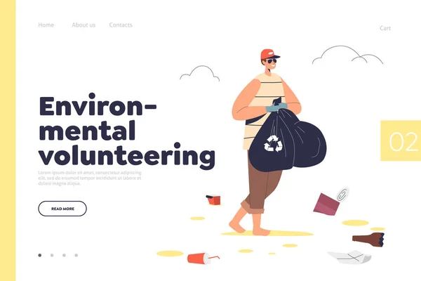 Environmental Volunteering Concept Landing Page Man Volunteer Hold Bag Garbage - Stok Vektor