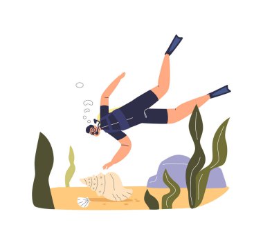 Man practice diving at summer vacation on sea resort. Young guy in swimsuit and snorkel mask explore sea bottom. Beach activities and recreation concept. Cartoon flat vector illustration