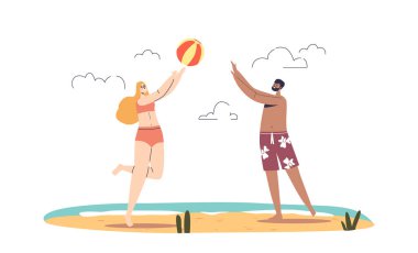 Young couple play beach volleyball. Man and woman enjoy active summer game at sea resort. Joyful guy and girl resting. Beach activities and vacation concept. Cartoon flat vector illustration