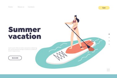 Summer vacation concept of landing page with woman practice paddleboard on sea resort. Girl riding sup board with paddle in sea. Beach activities and recreation. Cartoon flat vector illustration